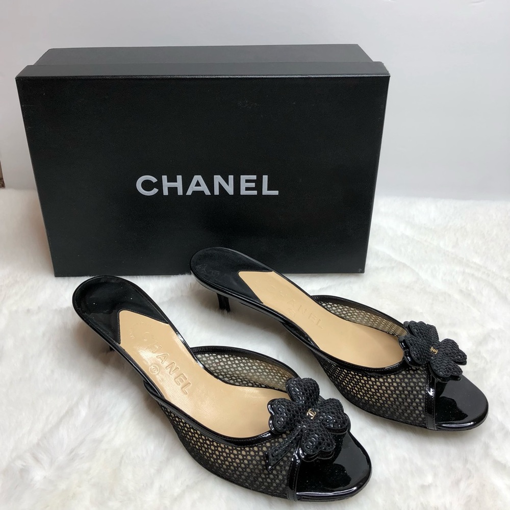 Chanel Black Patent Leather Mules